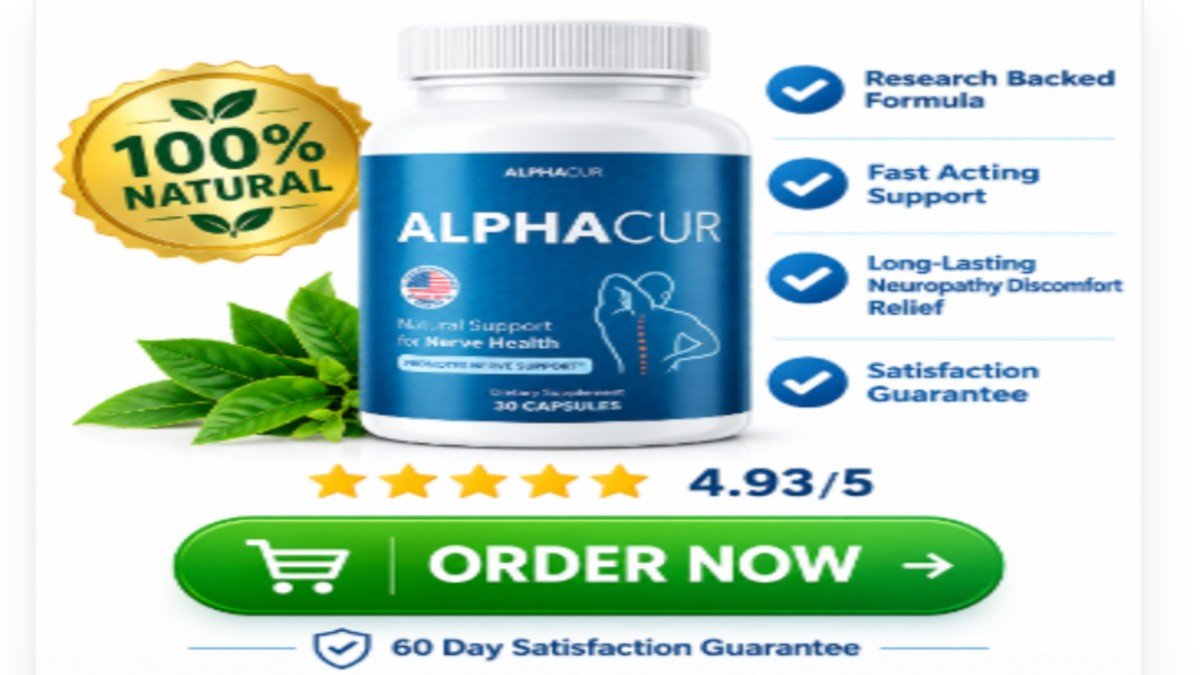 AlphaCur nerve health supplement bottles with buy now button and 60-day guarantee badge