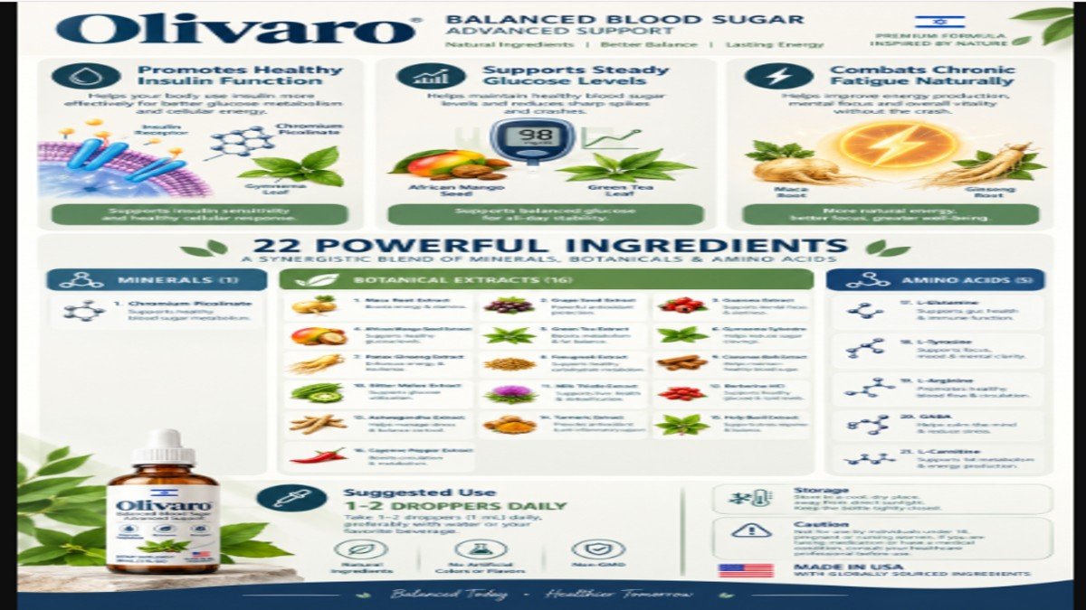 Olivaro ingredients and benefits infographic showing chromium, gymnema, African mango, green tea for blood sugar and metabolic support