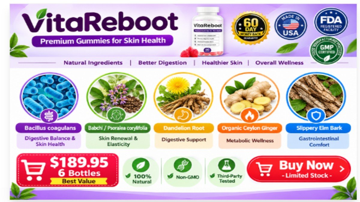 Vita Reboot ingredients infographic showing Bacillus coagulans, babchi, dandelion, Ceylon ginger, and slippery elm bark with benefits