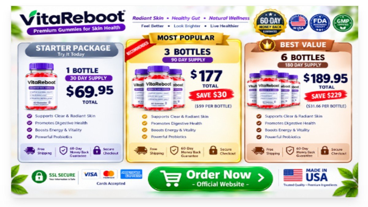 Vita Reboot pricing table showing 1 bottle, 3 bottles, and 6 bottles packages with savings and free shipping