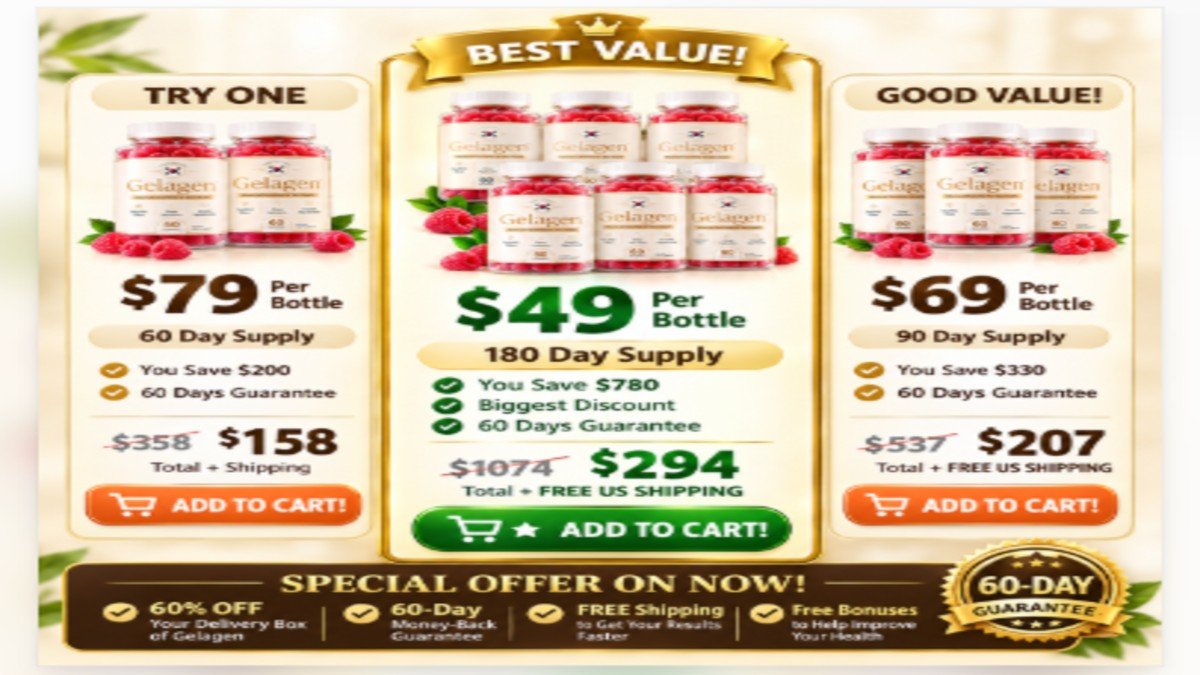  Gelagen Gummies three pricing packages showing 2 bottles at $79, 3 bottles at $69, and 6 bottles at $49 per bottle with 60-day guarantee badge