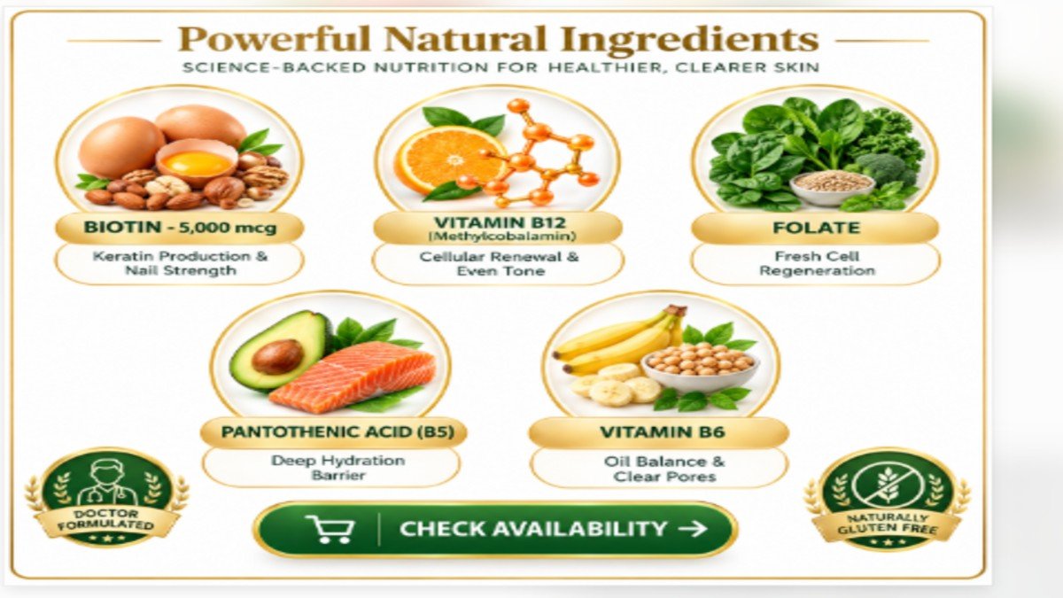 Gelagen Gummies key ingredients infographic showing biotin, vitamin B12, folate, pantothenic acid, and vitamin B6 with their beauty benefits