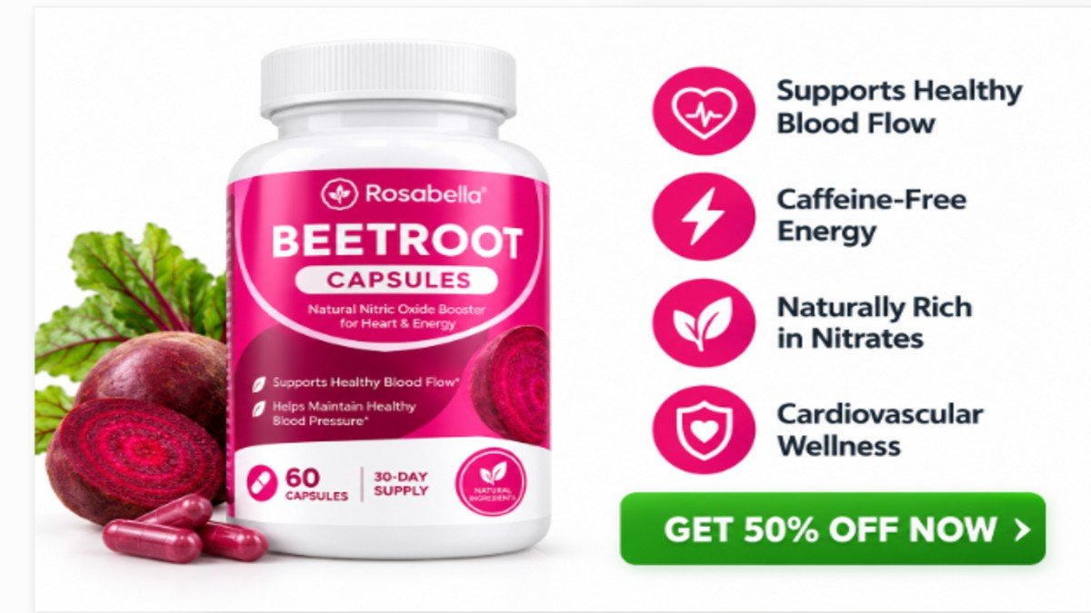 Rosabella Beetroot Capsules bottle with pink label showing 1300mg beetroot powder per serving for healthy circulation and caffeine-free energy support