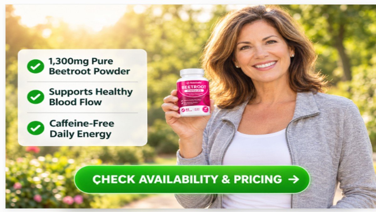 Active middle-aged woman smiling while holding Rosabella Beetroot Capsules bottle outdoors representing natural energy and healthy circulation support without caffeine