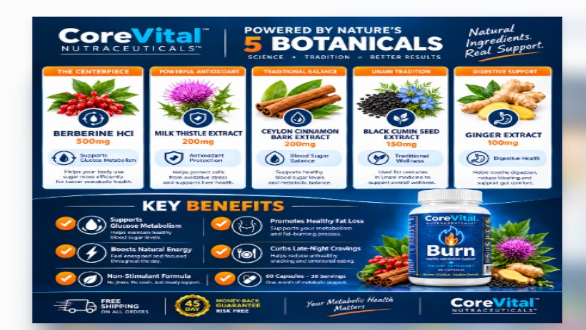 CoreVital Burn - Five Botanicals Full Disclosure CoreVital Burn five botanical ingredients with dosages and metabolic benefits infographic