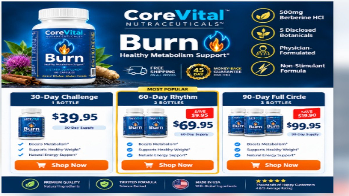 CoreVital Burn Metabolic Support - Choose Your Package CoreVital Burn metabolic support supplement bottle with $39.95 price tag and three-package options