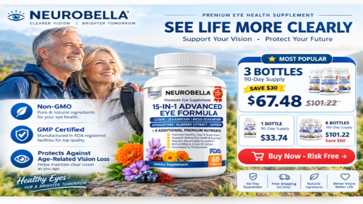 Active seniors enjoying clear vision with Neurobella supplement and risk-free buy button.