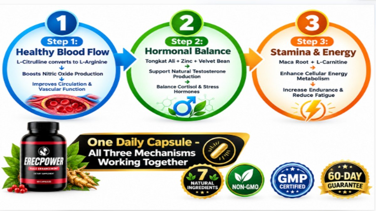 ErecPower Mechanism - Three-Step Male Performance Support System ErecPower three-step mechanism diagram showing blood flow support, testosterone balance, and stamina enhancement process