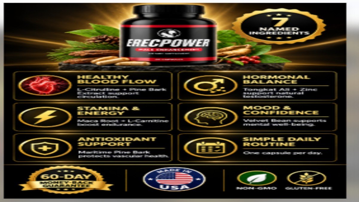 ErecPower benefits infographic showing blood flow support, testosterone balance, stamina enhancement, energy boost with ingredient icons