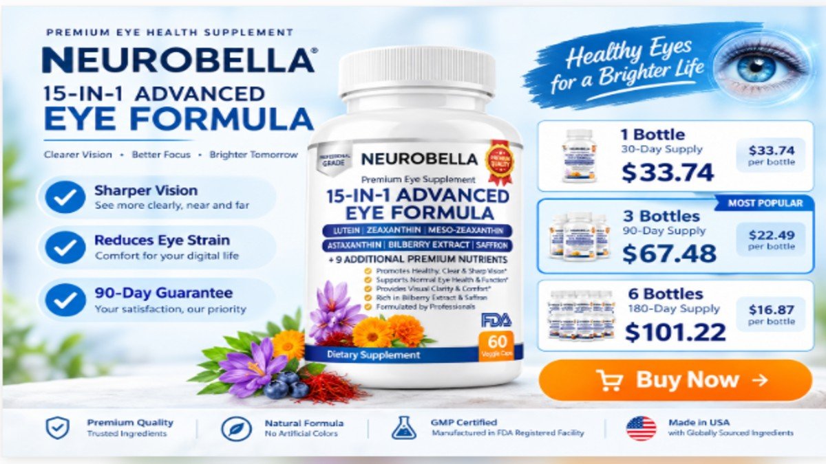 Neurobella 15-in-1 Advanced Eye Formula bottle with pricing tiers and buy now button.