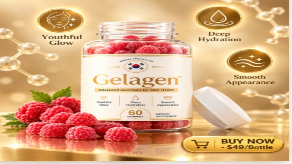  Gelagen Gummies bottle with raspberry gummies spilling out, surrounded by benefit icons for skin glow, hair strength, and nail health on a beige background