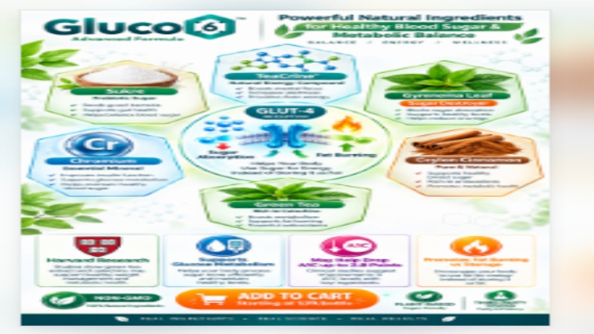 Gluco6 six natural ingredients including Sukre, TeaCrine, Gymnema, Chromium, Cinnamon, Green Tea