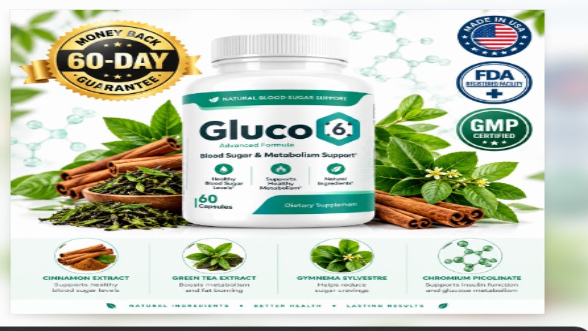 : Gluco6 blood sugar support supplement bottle with GLUT-4 formula ingredients