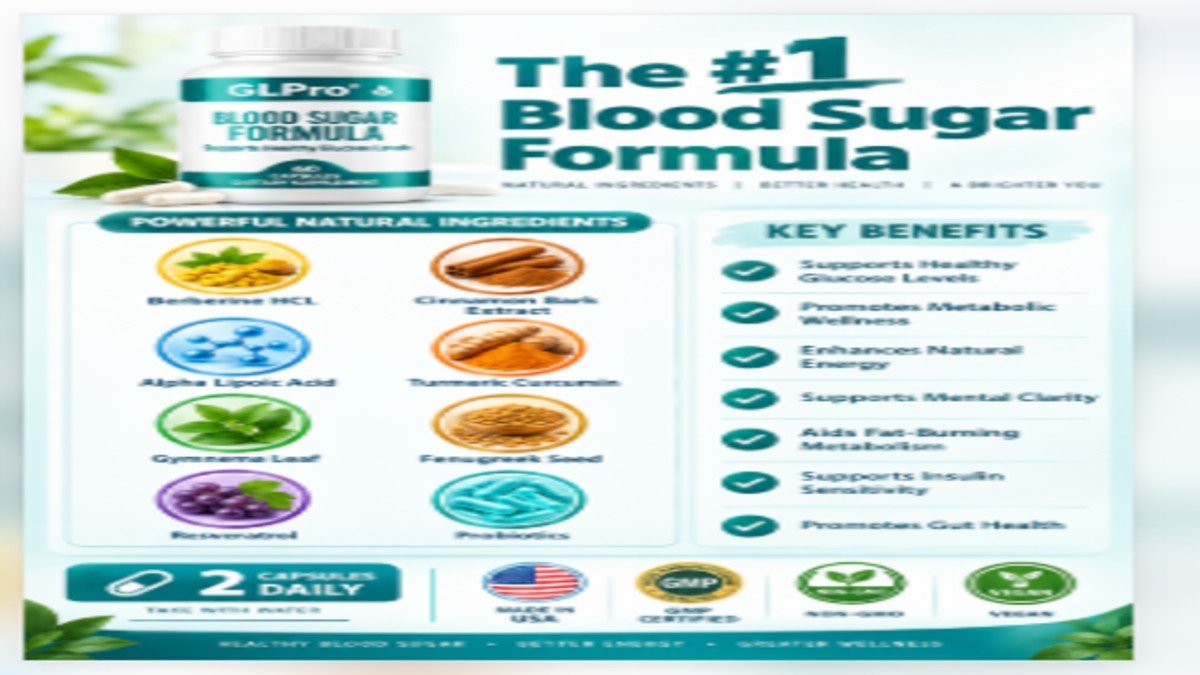 GLPro blood sugar formula ingredients and benefits infographic showing berberine cinnamon alpha lipoic acid and metabolic health support