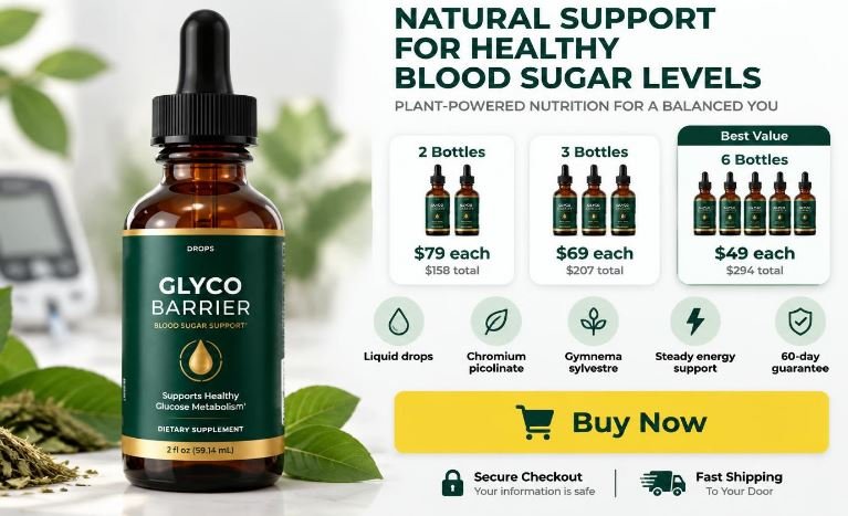 Glyco Barrier Drops blood sugar support package pricing Glyco Barrier Drops blood sugar support supplement bottle with pricing cards showing $49, $69, and $79 per bottle and a Buy Now button.