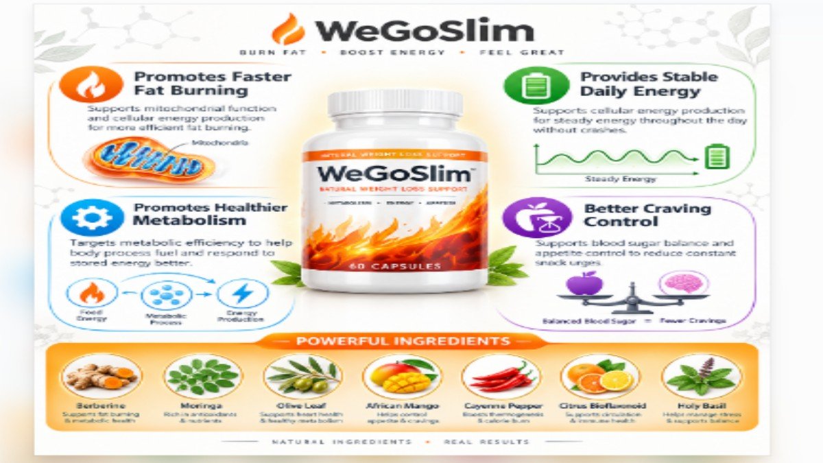 WeGoSlim Weight Loss Benefits - Natural Ingredients for Metabolism and Fat Burning WeGoSlim weight loss supplement benefits infographic showing fat burning, metabolism support, energy boost, appetite control with natural ingredients berberine moringa olive leaf