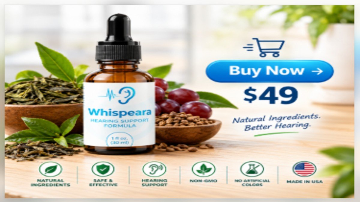 Whispeara Official Hearing Support Supplement Whispeara natural hearing support supplement bottle with buy now button and price tag
