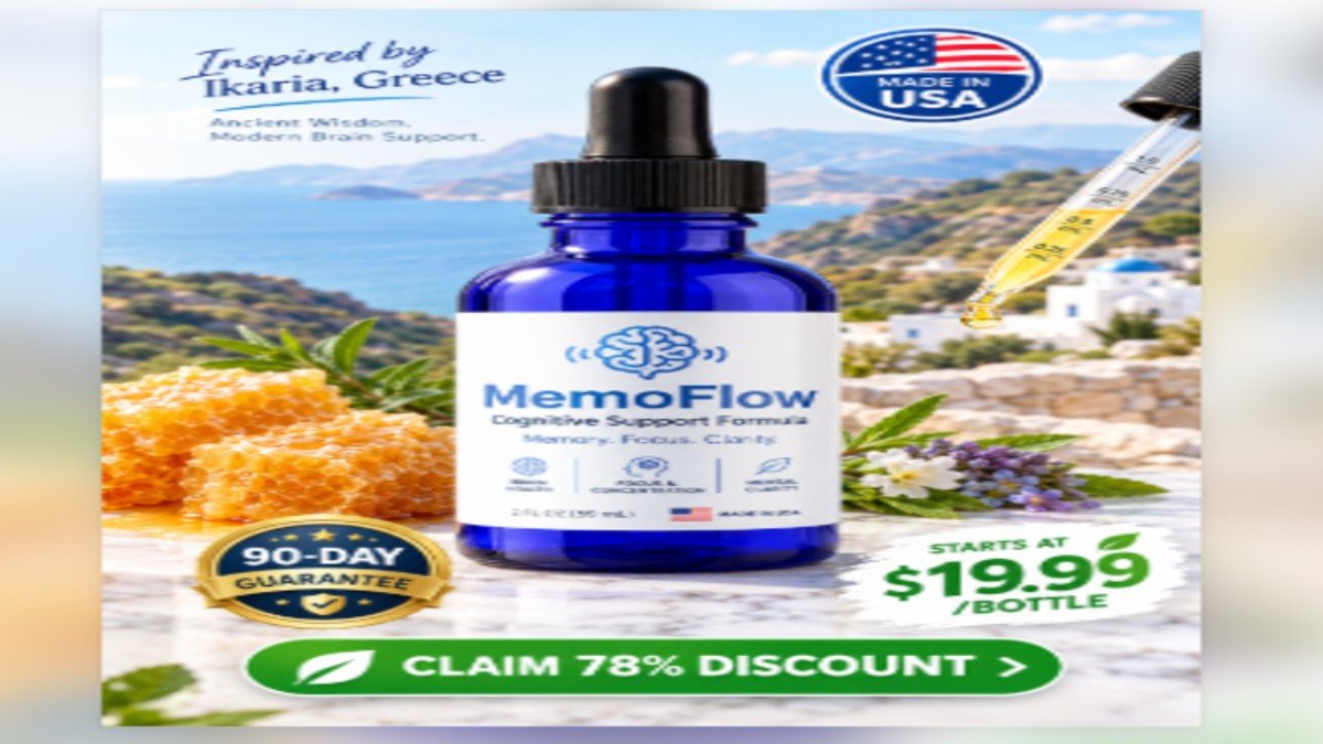 MemoFlow Brain Health Drops - 90-Day Guarantee MemoFlow cognitive support sublingual drops bottle with honeycomb and Greek mountains background