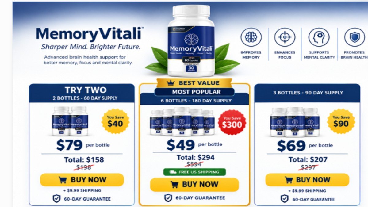 MemoryVitali brain supplement bottle with three pricing packages showing savings and buy now buttons