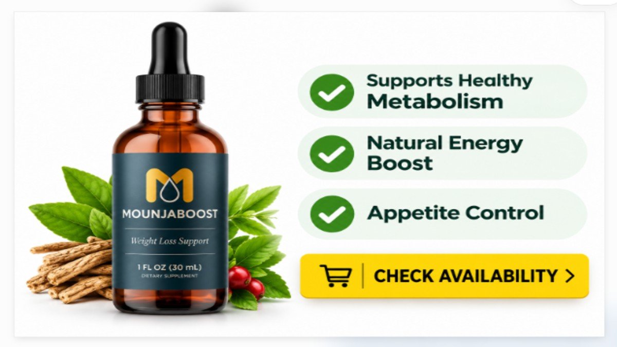 ottle of MounjaBoost metabolic support drops next to list of key benefits including energy boost and calorie burning.