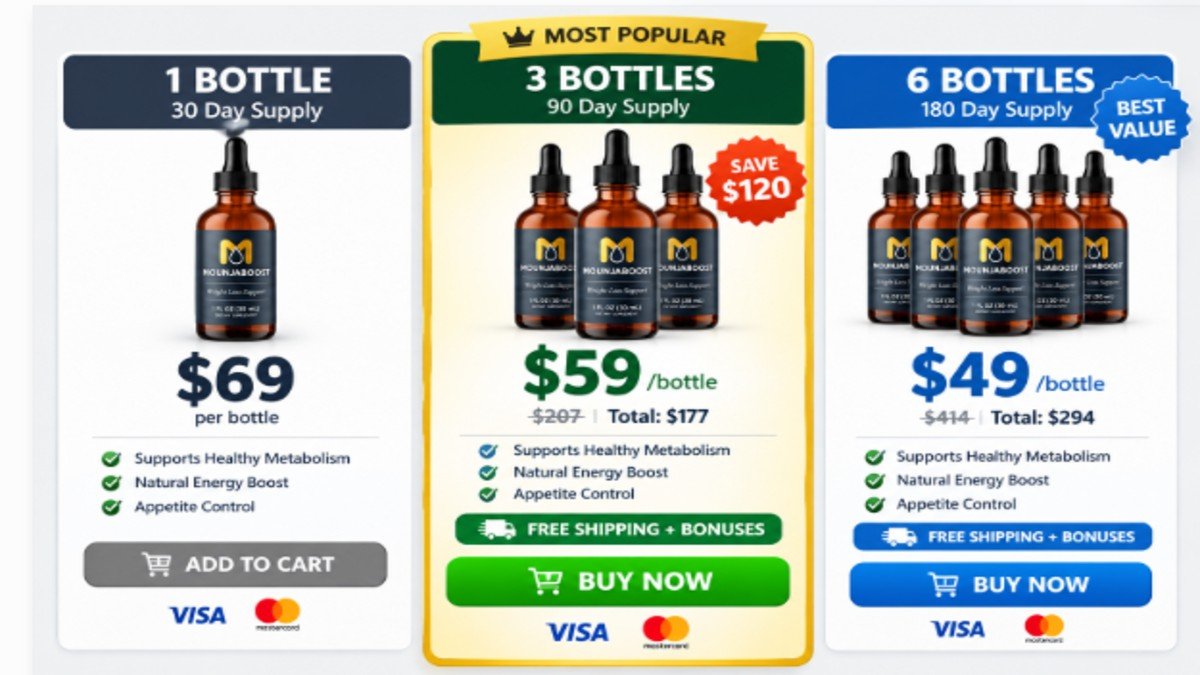 MounjaBoost pricing packages showing 1 bottle, 3 bottles, and 6 bottles options with savings and buy now buttons.