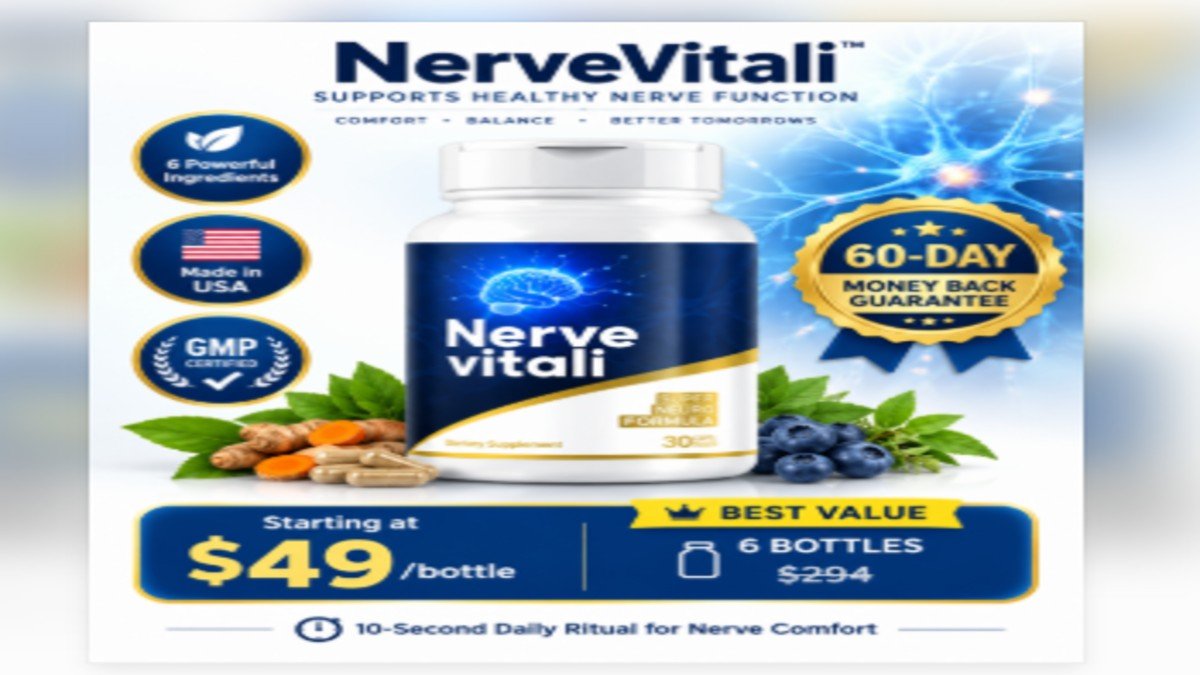 NerveVitali nerve support supplement bottle with 6 ingredients badge and 60-day guarantee seal