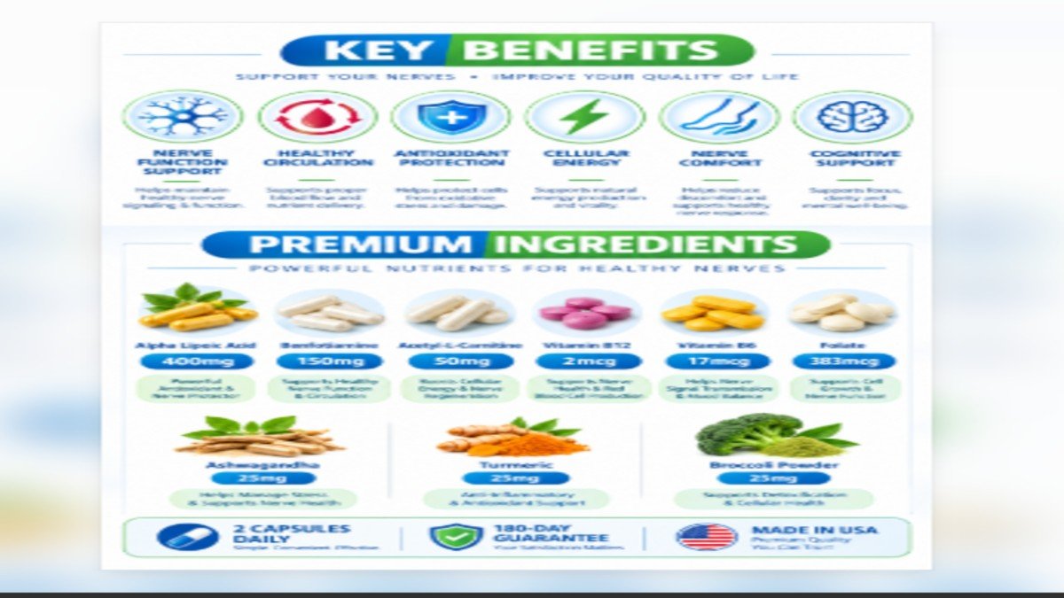 Nerve Recovery Max Ingredients & Benefits - Complete Formula Breakdown Nerve Recovery Max benefits infographic showing nerve support, circulation, antioxidant protection with key ingredients Alpha Lipoic Acid Benfotiamine and B12