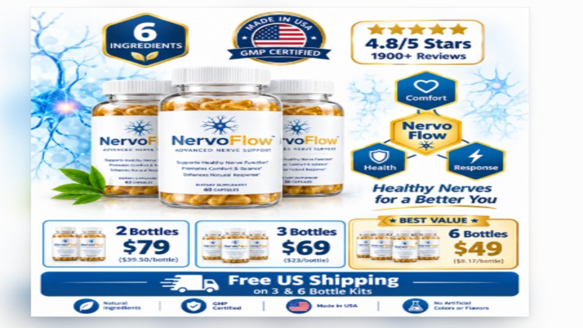 NervoFlow nerve health supplement bottles with 6 natural ingredients for daily nerve comfort and nerve pain relief