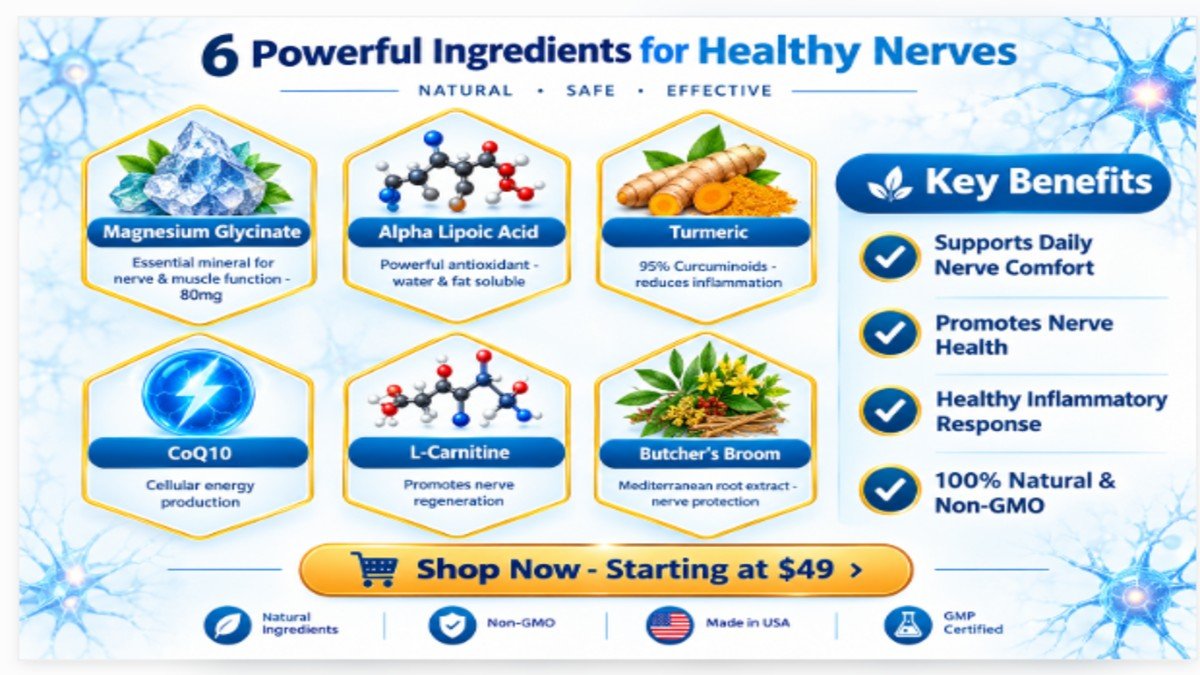 NervoFlow 6 ingredients infographic showing Magnesium Glycinate, Alpha Lipoic Acid, Turmeric, CoQ10, L-Carnitine, Butcher's Broom for nerve health benefits