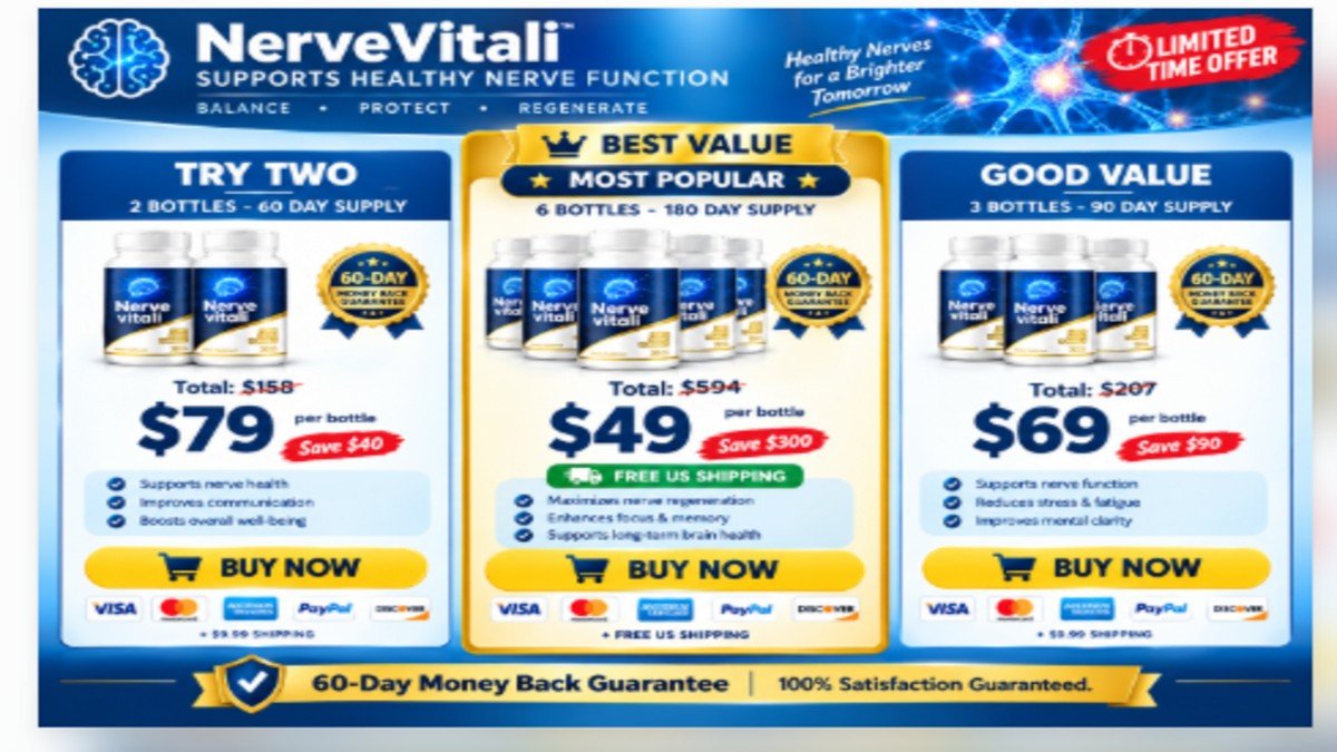 NerveVitali 3 pricing packages - 2 bottles $79, 3 bottles $69, 6 bottles $49 per bottle best value