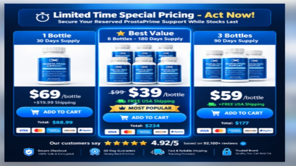 ProstaPrime Support Pricing - Choose Your Package & Save ProstaPrime Support pricing packages showing 1 bottle, 3 bottles, and 6 bottles options with discounts