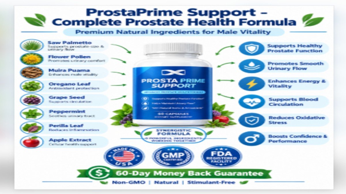 ProstaPrime Support Ingredients & Benefits - Natural Prostate Formula ProstaPrime Support natural ingredients and prostate health benefits infographic