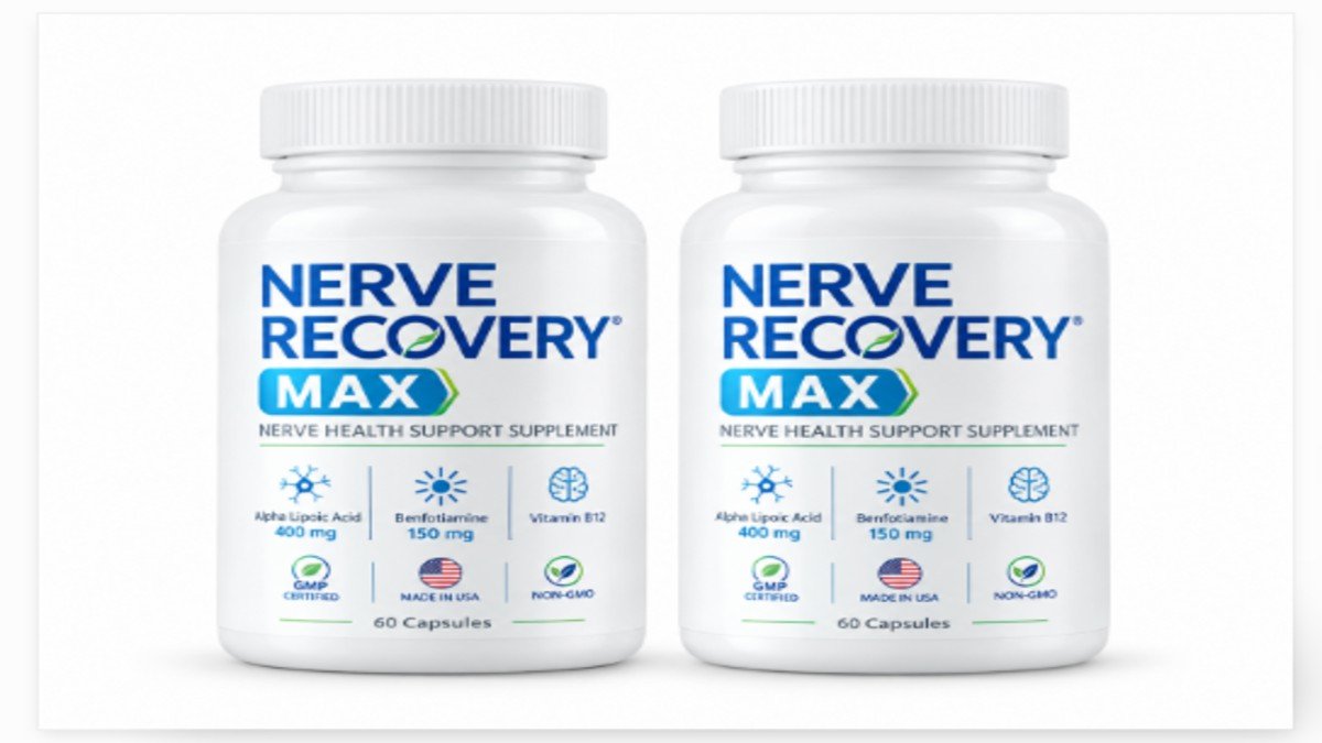 Nerve Recovery Max - 60 Capsules Nerve Support Formula Nerve Recovery Max nerve health support supplement bottle with ingredient label showing Alpha Lipoic Acid and B-Vitamins