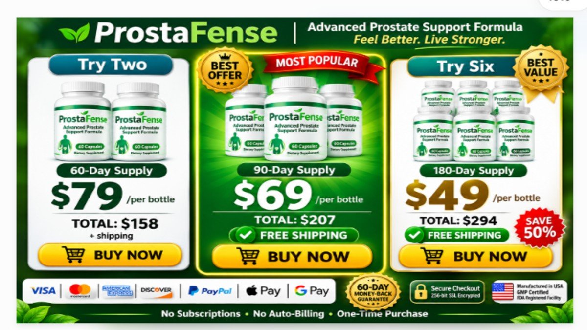 Prostafense Pricing - Choose Your Supply and Start Your Prostate Health Journey Today Prostafense pricing packages showing 2, 3, and 6 bottle options with discounts and buy now buttons