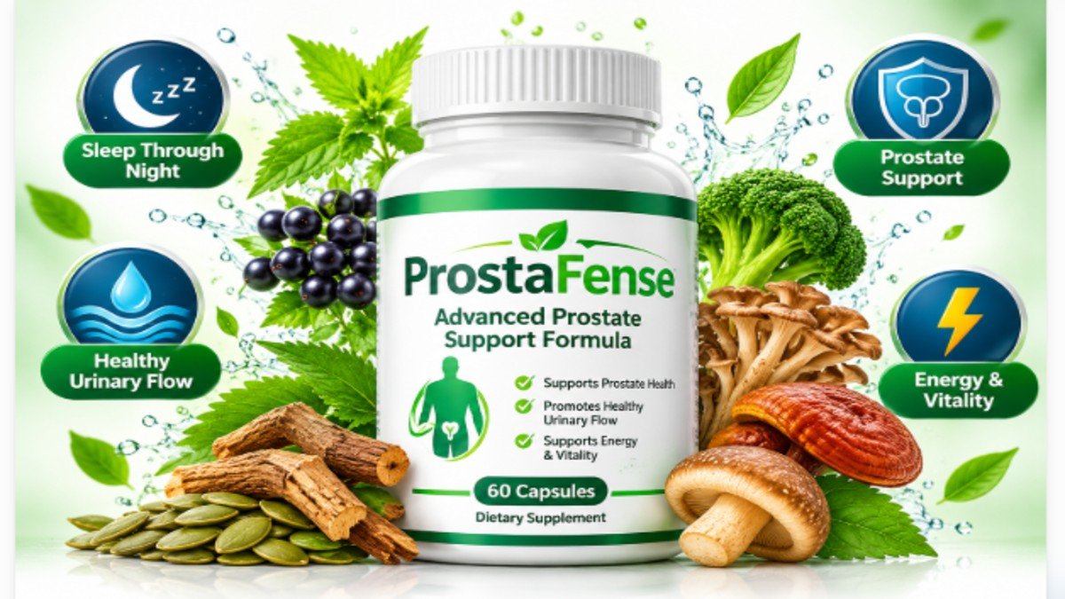 ProstaFense Prostate Support - Natural Formula for Men's Health Prostafense prostate support supplement bottle with natural ingredients and health benefits icons