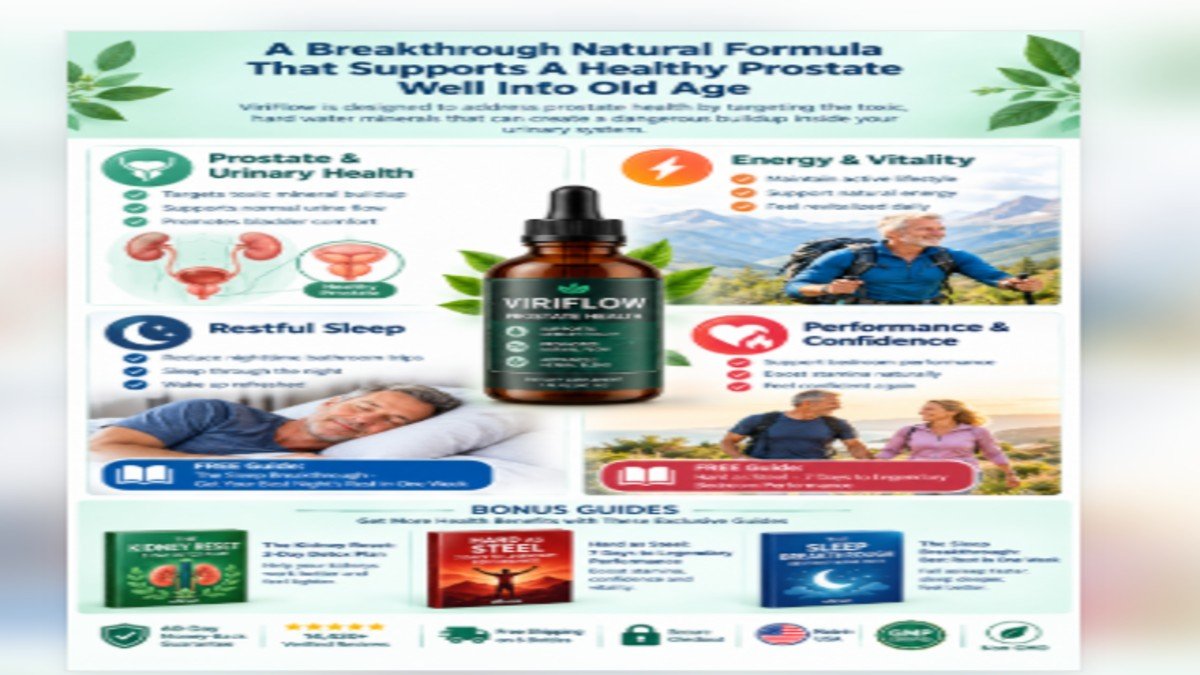 Viriflow prostate support benefits showing urinary health, energy, sleep quality, and performance improvements