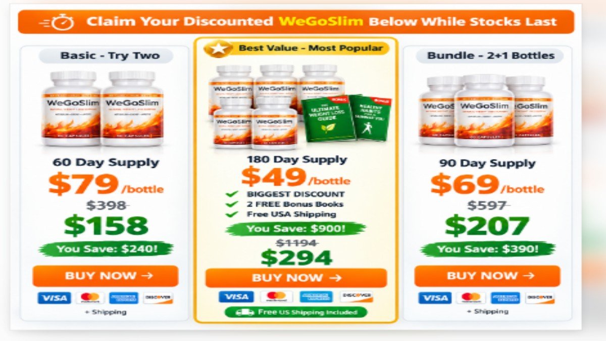 WeGoSlim Weight Loss Supplement - 3 Package Deals with 60-Day Guarantee WeGoSlim weight loss supplement three package options showing 2 bottles, 3+3 bottles, and 2+1 bottles with pricing from $49 to $79 per bottle