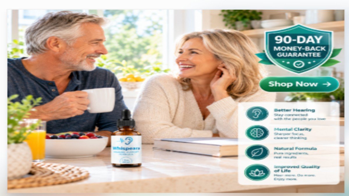 90-Day Satisfaction Guarantee Happy senior couple enjoying clear communication with hearing support supplement and money-back guarantee badge